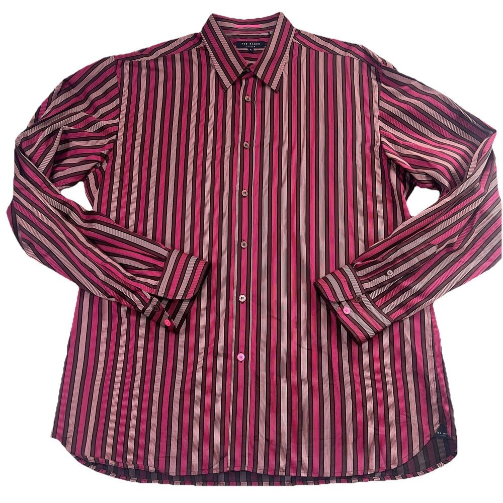Ted Baker Dress Shirt Mens Size 5 (XL) Pink Black Striped Long Sleeve Button Up
